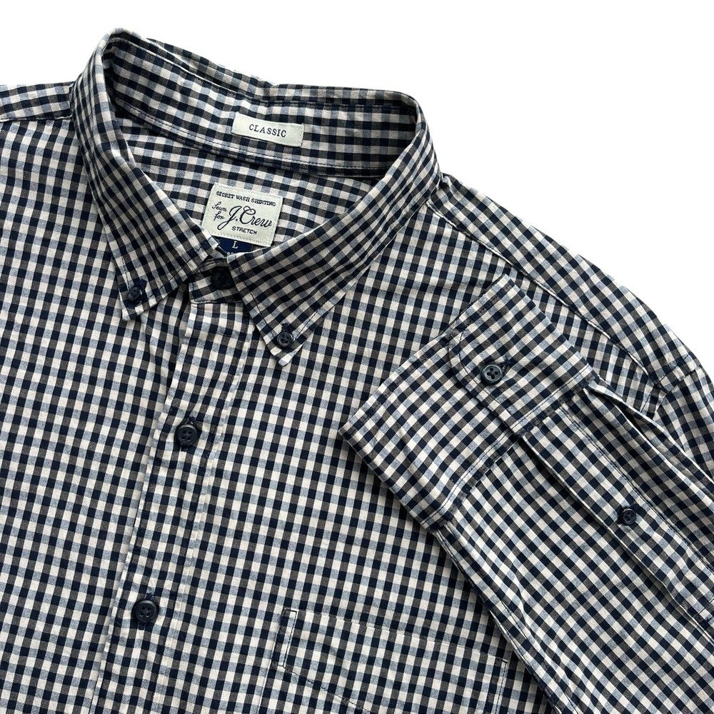 J.Crew Men's L Navy Cream Gingham Classic Secret Wash Stretch Poplin Button Down